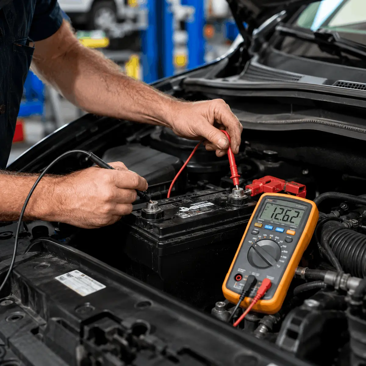 Technician testing an Audi battery with a digital tester at the customer's location in Dubai