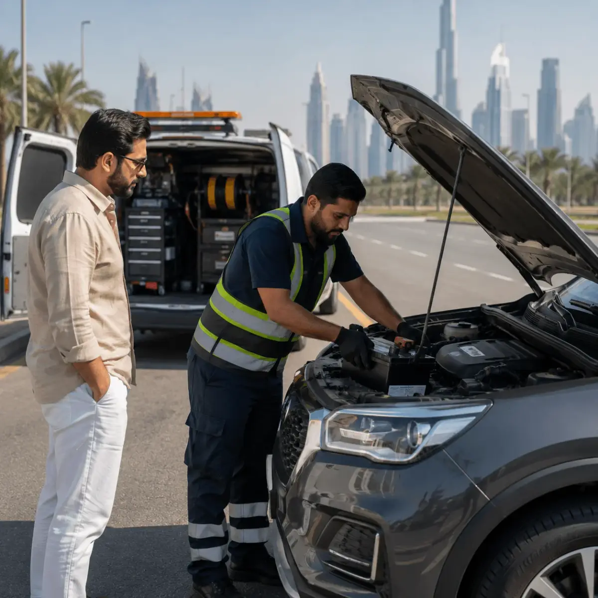 Technician testing an Audi battery with a digital tester at the customer's location in Dubai